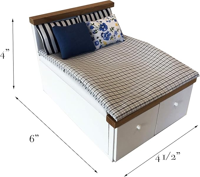 Dollhouse Furniture Queen Bed Set, mini Bedroom Accessories for 6 inch Dolls, Grey Bedding, White Wooden Frame, 1/12 Scale