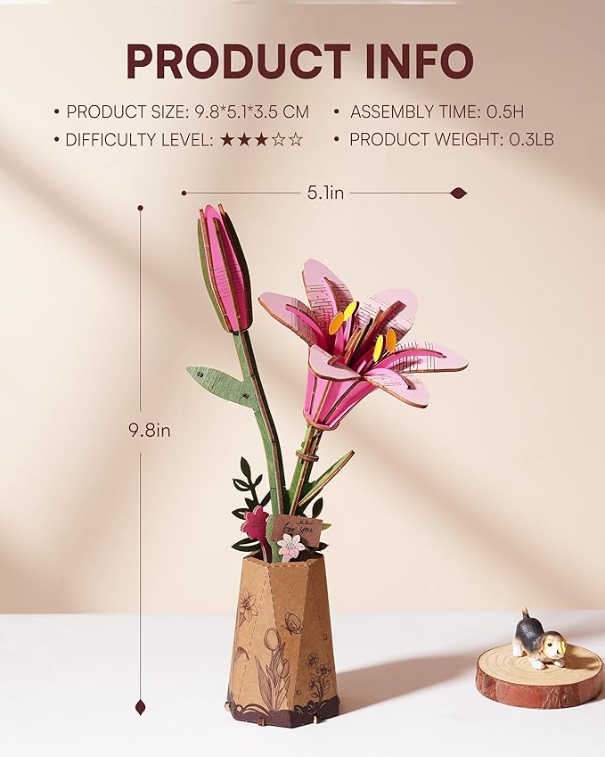3D Flower Wooden Puzzles for Adults-Pink Lily, DIY Wooden Flowers Model Kit Building Set Crafts for Adults to Build, Botanical Collection/Ideal Creative Gift Ideas/Housewarming (73PCS)
