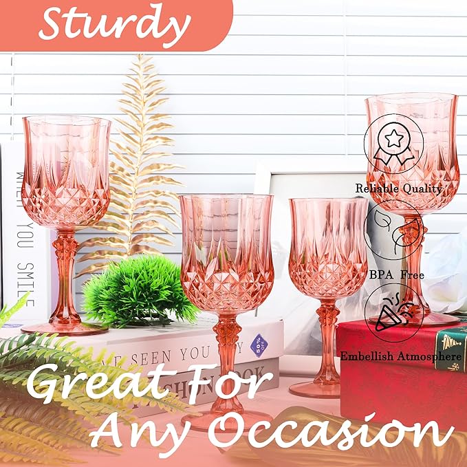 LEYIQU Plastic Wine Glasses, Plastic Goblets Vintage Style Cordial Drinking Glasses for Valentine’s Day, Wedding Reception, Grand Event Party Supplies (24, Rose Gold)
