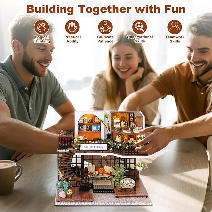 DIY Miniature House Kit, Mini Forest Momo Teashop Building Set, 3D Wooden Dollhouse with Dustproof Cover, Creative Handmade Home Decoration, Gift for Adult Teen Birthday Christmas