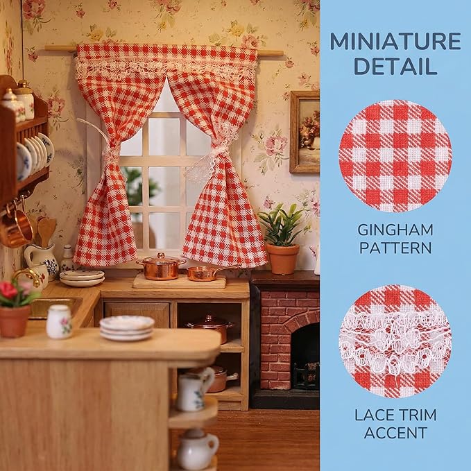 TOYANDONA 4Pcs Miniature Curtains for Dollhouses Drapes for DIY Decor Kitchen Bathroom and Bedroom Realistic Patterns Easy to Install Dollhouse Accessories