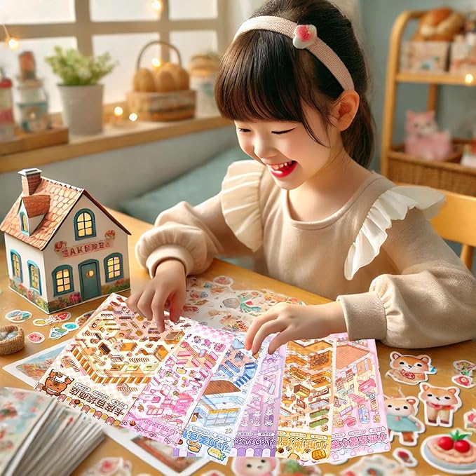 DIY 3D Sticker Scene, Stocking Stuffer, 6 Sets of Cute Miniature Isometric Stickers for Kids Adult Therapy Scenes Sticker Reuseable and Waterproof Stickers for Girl, Holiday & Christmas Fun