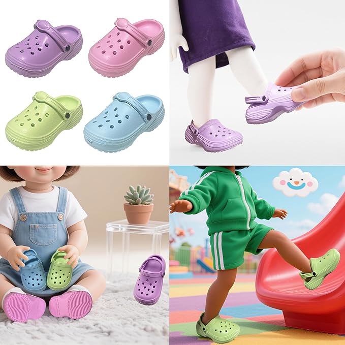 HXIELEC 4 Pairs Classic Clogs for 18" Dolls - Macaron Color EVA Slip-On Shoes,Fits Most 18" Dolls,Dress Up Gift Set