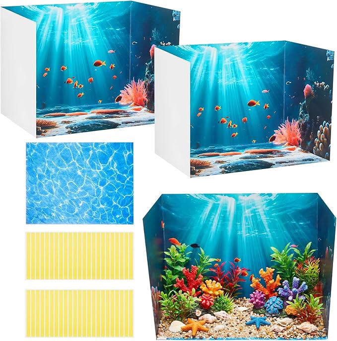 2 Set Ocean Diorama Box and Water Sticker Decor, Under the Sea Diorama Project Supplies Set, Cardboard Display Case Kit & Water Sticker with Double Sided Tapes for DIY Crafts Dollhouse