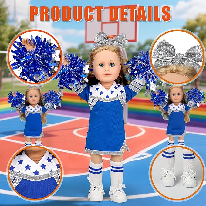 ARTST Cheer Uniform Doll Outfit-American 18 inch Doll Clothes & Accessories Set Including Clothing Pom Poms,Shoes,Socks and Hairbow,Sport Gifts for Girls Age 6+