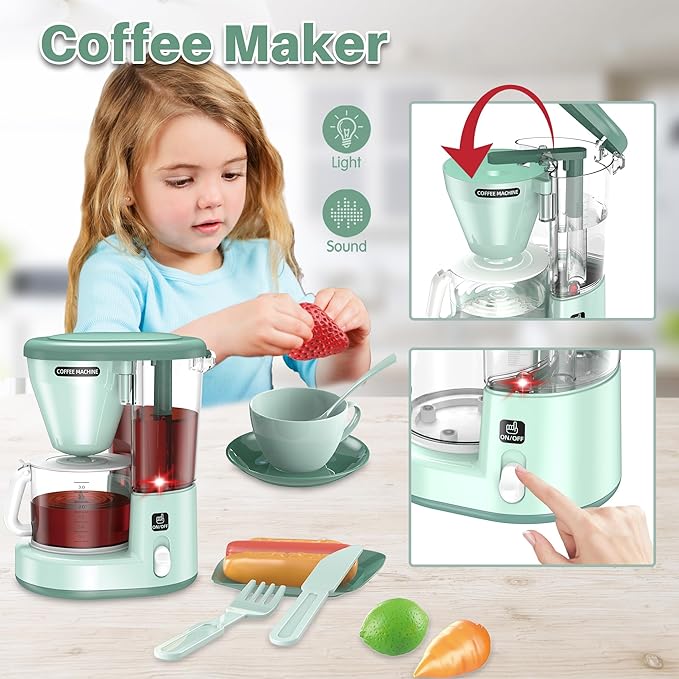 Kids Pretend Play Kitchen Appliance Toy Set with Coffee Maker, Toaster, Blender, Mixer, Kitchen Toys with Light & Sound, Play Kitchen Sets for Girls Boys Age 3 4 5 6