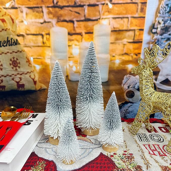 Mini Christmas Tree Bottle Brush Christmas Trees Decor for Christmas Decorations Wooden Bases (Silver and White)