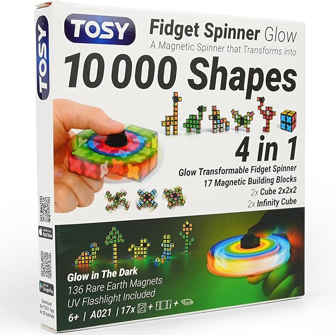 TOSY Magnet Fidget Spinner Glow - 16 Blocks, 3in1 Toy: Transformable Fidget Spinner, Infinity/Puzzle Cube, Easter Valentine Gift for Kids/Adults, Glowing STEM Sensory Stress Relief