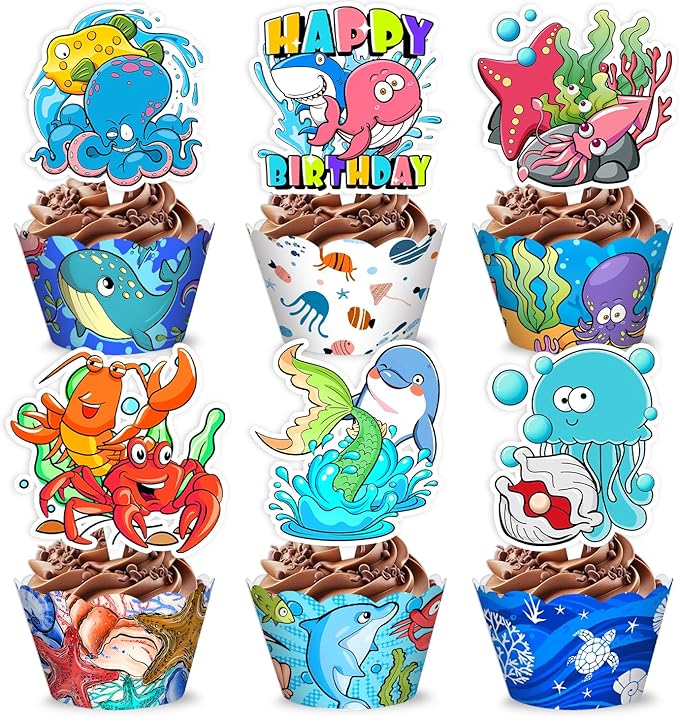 48PCS Ocean Themed Birthday Party Decorations | 24PCS Cupcake Toppers & 24PCS Cupcake Wrappers Party Favors Supplies Sea Animals Centerpiece Table Gifts for Boys Girls Carnival Prizes