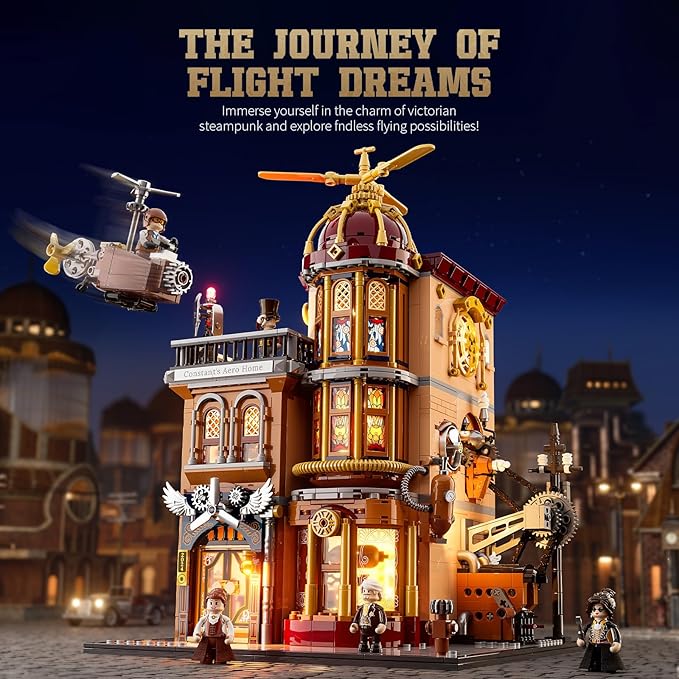 Lumibricks Steampunk Flying Club Lighting Building-Bricks Set - 1871 Pcs Modular Building Blocks Display Collectible Set for Adults
