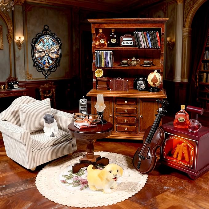 Miniature House Furniture Set Classic Mini Furniture Sofa Set with Pillows Mini Couch Carpet Wooden Furnitures Bookshelf Desk Chair Living Room Scene Decor