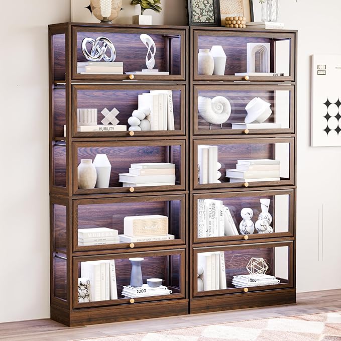 Display Cabinet with Acrylic Glass Doors,5-Tiers Curio Cabinet with LED Lighting for Collectibles, Collectibles Toy Organizers Rack & Display Shelf Display Case Storage Cabinet, Walnut