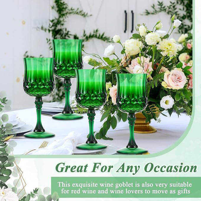 Pinkunn 12 Pcs 7 oz Plastic Vintage Wine Glasses Reusable Colored Goblets Patterned Drinking Water Glasses Cup Dishwasher Safe for Valentine's Day Wedding Reception Party Supplies (Green)