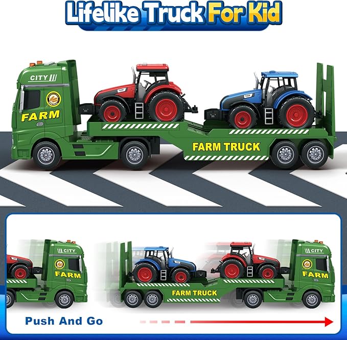 Toddler Boy Toys for 3 4 5 6 7 Years Kids, 25" Semi Flatbed Truck Toy with 2 Tractors, Friction Powered Vehicles Toys with Lights and Sounds, Birthday for Boy Girls