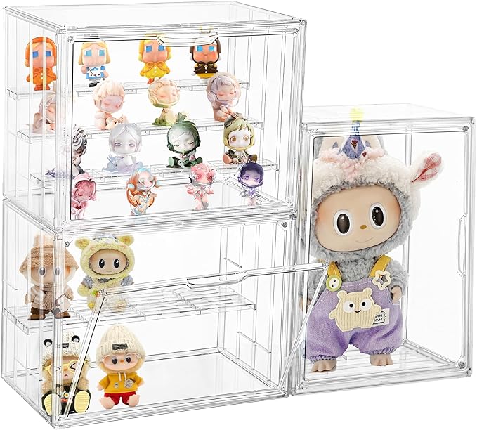 Attelite Acrylic Display Case Compatible with POP MART Labubu Display Case, 4 Tier Figure Clear Cases for Collectibles with 3 Adjustable Divider, 3 Pack Large Storage Box with Magnetic Door