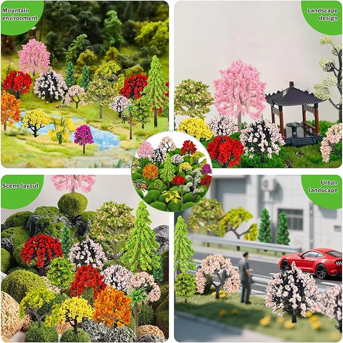 QUOZUO 42Pcs Model Miniature Trees with Moss Stones, Model Train Scenery, Mixed Model Colourful Trees for Building Model, Natural Green Landscape, Railroad Scenery