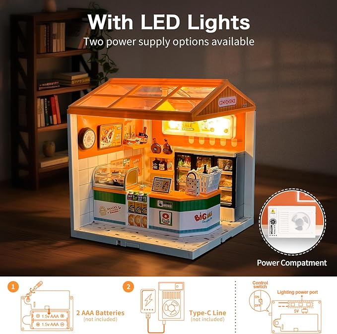 Hallisun LED Building Blocks for Adults, 1:24 DIY Miniature Dollhouse Kits with Roof & Dustproof Cover, Tiny House Toy Building Sets for Kids Ages 8-12-15, Birthday Hobbies Gift for Men Women Boy Girl