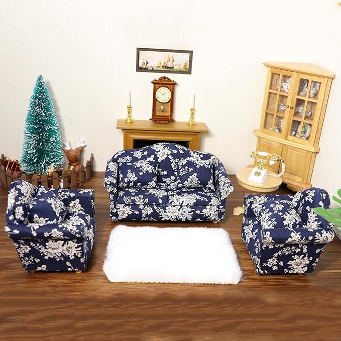 Dollhouse Couch with Pillow 1 12 Scale Miniature Sofa Arm Chair Living Room Furniture Wooden Fabric Frame Single Reading Chair Artificial House Room Scene Decoration (Blue)
