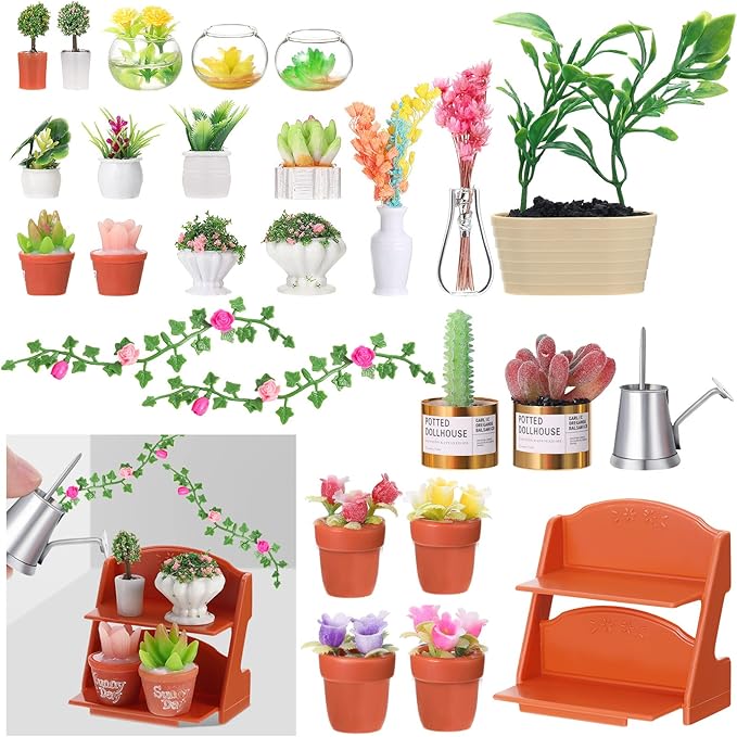 Luinabio 26 Pieces Dollhouse Plant Miniature Bonsai Mini Potted Plant Flower Model Tiny Fake Greenery Ornament Dollhouse Decoration(Stylish Style)