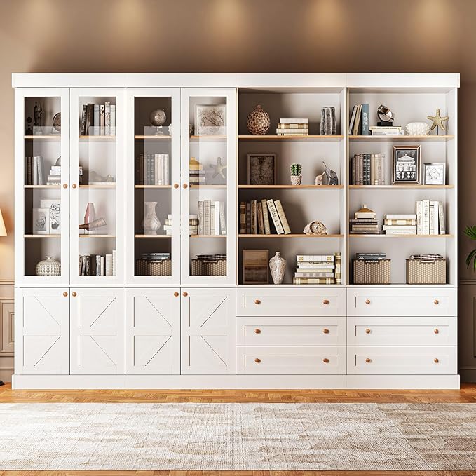 71" Tall Farmhouse Kitchen Pantry, Large Storage Cabinet with Glass Doors, Adjustable Shelves, 3 Drawer, Wood Versatile Hutch Cabinet for Dining Room, Living Room, White 4 Pcs