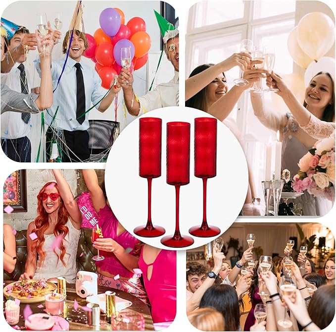 24 Pieces Red Champagne Flutes,6 OZ Twill Pattern Striped Vintage Stem Glasses Stemware Wine Glasses Champagne Long Stem Drinking Colored Glasses Goblets for Wedding Cocktail Cups,Cava, Prosecco