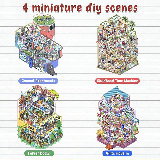 DIY 3D Sticker Scene, 4 Sets Fun DIY 3D House Stickers, Make Your Own Mini Room Scenes, Cute Cartoon 3D Miniature Scene Stickers Book, 3D Sticker Therapy for Adults Kids Relief Stress Pass The Time