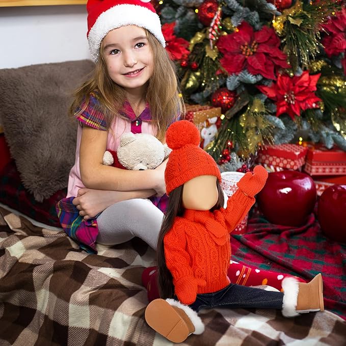 Bencailor 6 Pcs Winter 18 Inch Doll Clothes and Accessories Winter Outfits Set Sweaters Trousers Hats Shoes for 18 Inch Doll Gifts(Orange Red,Fresh)
