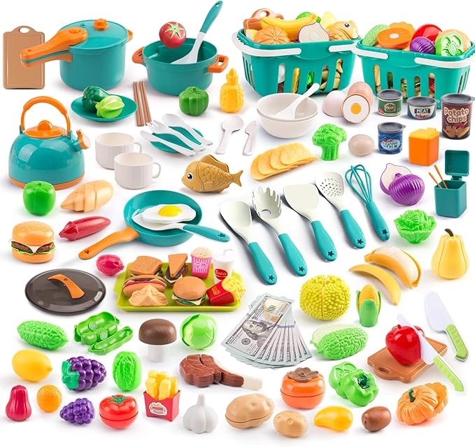 240Pcs Kids Mini Play Kitchen Accessories, Play Pans, Pots, Cookware with Desserts, Cuttable Veggies & BBQ Set & Storage Basket, Prop Money, Learning Gift for Child，Toddlers, Child, Green