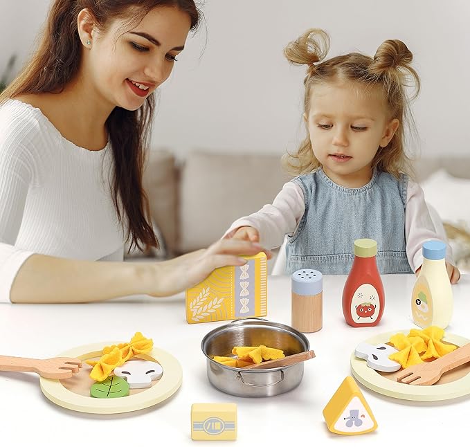 Pillowhale Pasta Food Toys, Wooden Play Kitchen Food , Play Food with Pots and Pans Playset, Kids Pretend Play Kitchen Accessories Toys Set for Girls Boys 3+Years Old