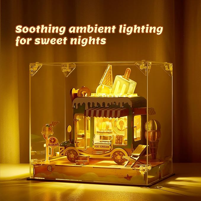 3D Puzzle Ice Cream Truck Model - DIY Miniature Kit Dollhouse Food Truck Wooden Model with LED Lights - Creative Gift for Kids and Adults(Ice Cream Truck)