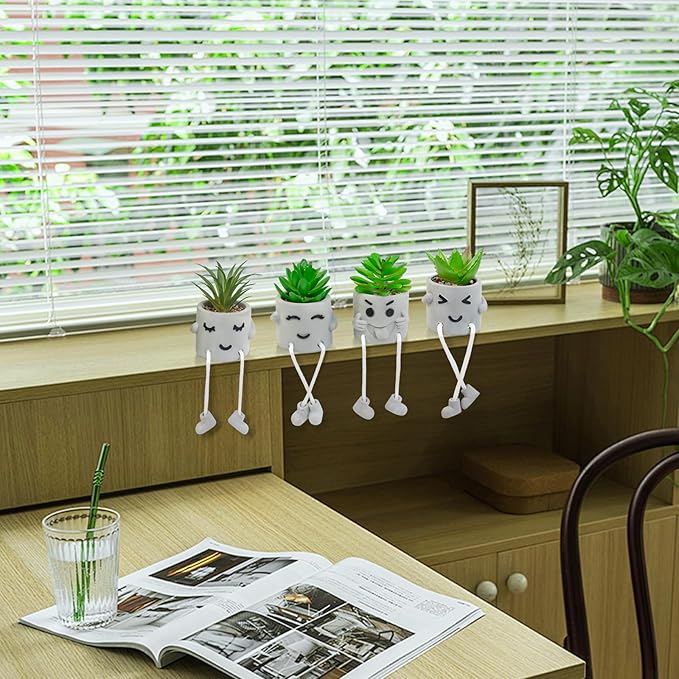 LUZOGA Set of 4 Small Faux Succulents in Cement Pots with Hanging Legs, Potted Mini Fake Plants for Desk, Office Cubicle, Kitchen, Bathroom, Wall Shelf Decor, Room & Bookshelf Ornament