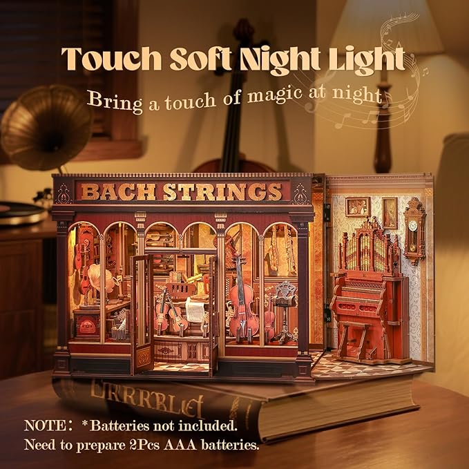 Cutefun Book Nook Kit - DIY Miniature Dollhouse Booknook Kits for Adults Teens, Musical Instrument Shop 3D Wooden Puzzle Bookend Bookshelf with LED Light, Gifts for Family and Friends (Bach Strings)