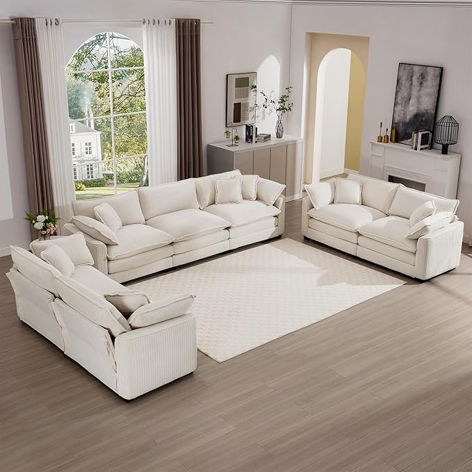 KEIKI 3-Piece Sofa Set with 1 Oversized Corduroy 3-Seater Sofa & 2 Loveseat Sofa, Upholstered 7-Seater Couch Set with 13 Pillow, High-Density Foam Cushions, Removable Armrests, for Living Room, Beige
