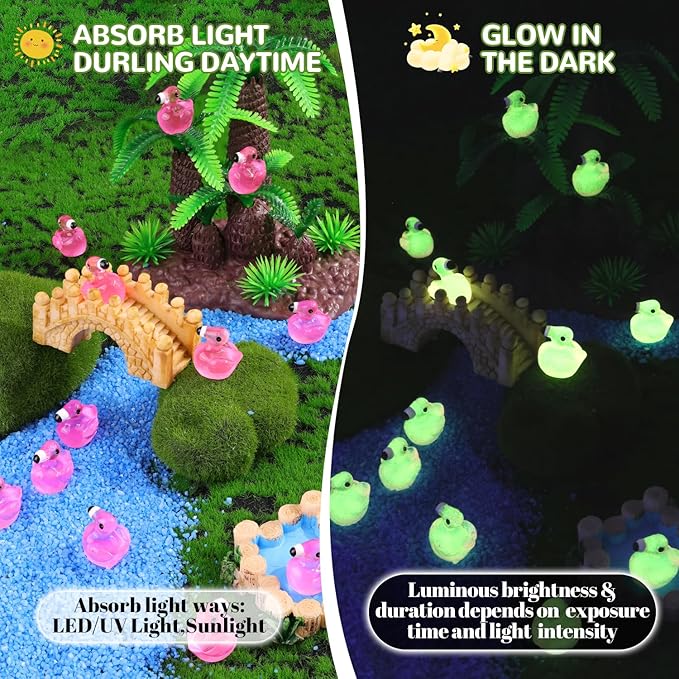 200PCS Mini Resin Animals Cute Rose Pink Tiny Flamingo Ducks Glow in Dark, Miniature Figures to Hide, Small Animal Accessories Bulk for Topper Garden Dollhouse Ornaments DIY Crafts & Decor
