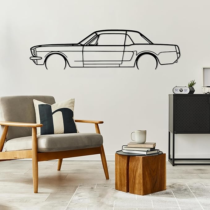 DecoSoul Mustang Metal Car Wall Art, Sports Car, Automotive Silhouette Line Decoration, Minimalist Sculpture for Garage, Indoor Outdoor Wall Hanging, Gift for Boyfriend (Black - 35 x 9.6” inch)