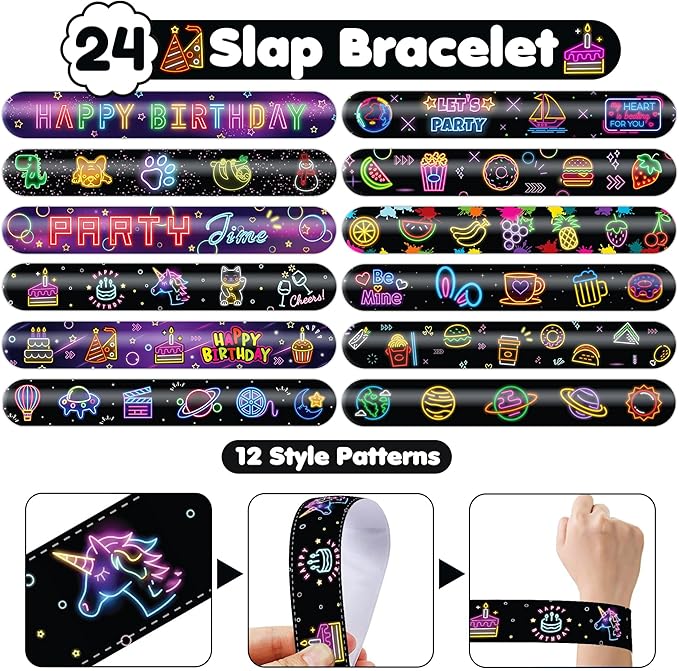 72 PCS Neon Party Set - 48 Neon Temporary Tattoos, 24 Slap Bracelets Wristbands - Fun Glow Party Supplies for Birthday, Baby Shower, Classroom Rewards, Decorations & Gifts for Kids
