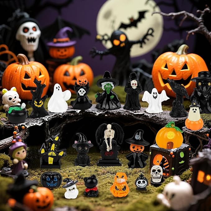 26 PCS Halloween Miniatures Figurines Resin Tombstones Figures Miniature Tombstones Miniatures Skeleton Pumpkin Ghost Ornaments for Halloween Party Favors Fillers Home Tabletop Decor
