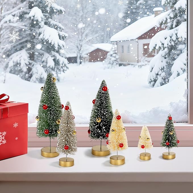6 Pack Mini Christmas Trees, Small Miniature Frosted Bottle Brush Christmas Tree Decorations Tiny Tabletop Villiage Sisal Trees Decorated with Snow and Beads Winter Holiday Décor Assorted Sizes