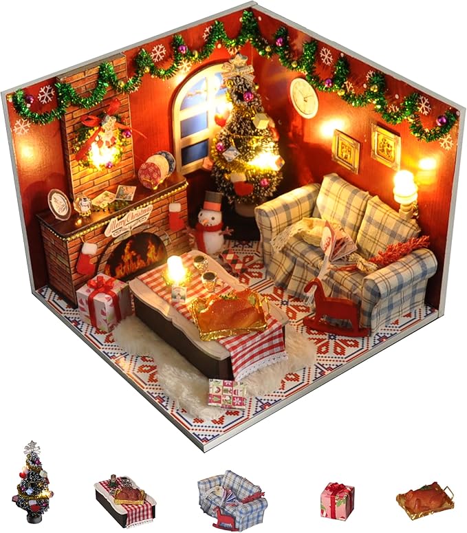 Flever Dollhouse Miniature DIY House Kit Creative Room with Furniture and Glass Cover for Romantic Artwork Gift(Christmas Eve)