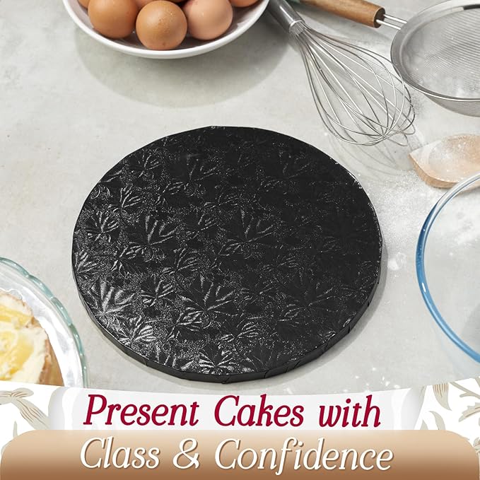 Cakebon Round Cake Boards - Sturdy 1/2 Thick Drums - 8 Inch Professional Fully Wrapped Edges Black 3-Pack