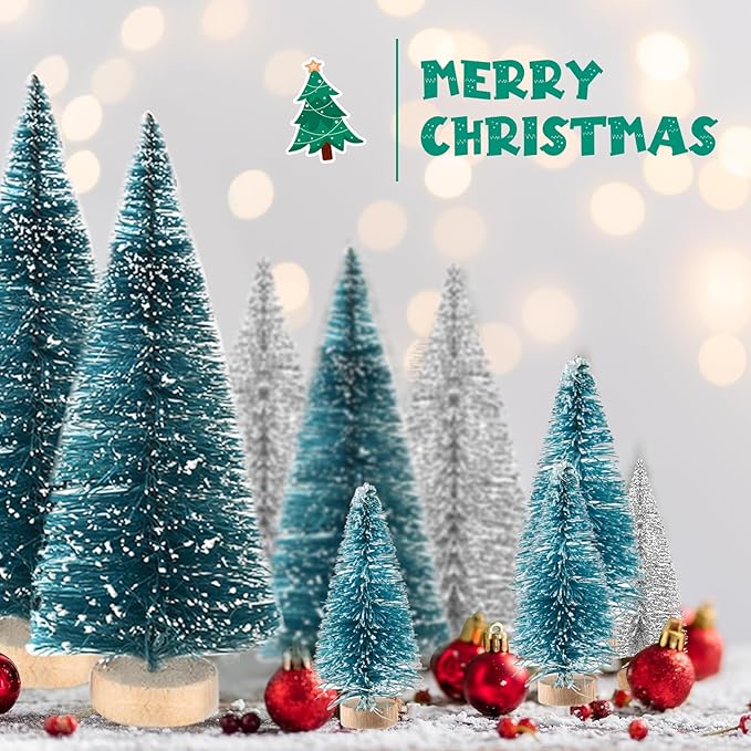 BOUBONI Mini Christmas Tree 35PCS Christmas Village Sets with Crafts Reindeer Snowmen Benches Street Lamp for Xmas Decorations Indoor Party Home Table Craft (Dark Green, Silver)