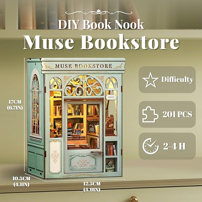 CUTEBEE DIY Book Nook Kit, Miniature House Kits for Adult and Teens, DIY Miniature Book Nook kit with Sensor Led Light, Gifts for Lovers and Family (Muse Bookstore)