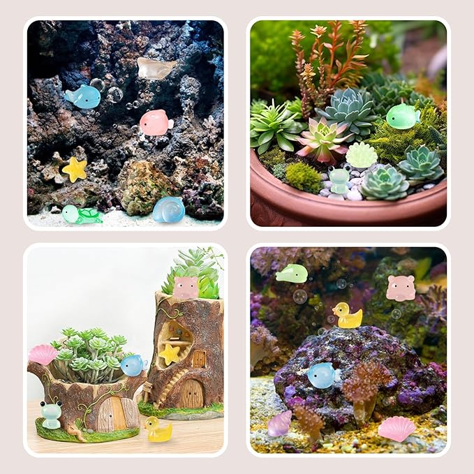 100Pcs Luminous Mini Resin 15 Styles Tiny Animals Sea Animals Figurines Glow in The Dark Miniature Animals for DIY Fish Tank Potted Micro Dollhouse Landscape Aquarium Decorations