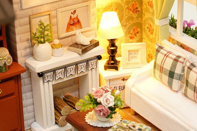 DIY Miniature Dollhouse Kits - Wooden Mini Model House with LED Lights, Tiny Furniture & Accessories – Craft Building Kits for Adults – Birthday Christmas Valentine's Gift- Happy Time