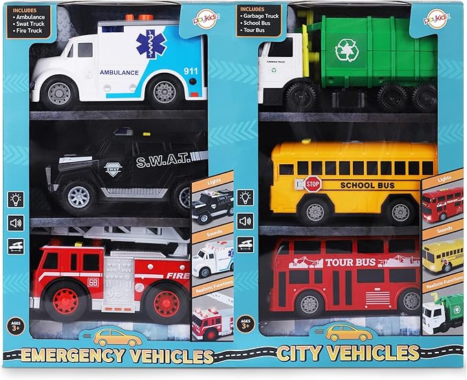 Playkidiz Toy Cars for Toddlers - 6Pcs Pull Back Cars Toys with Light and Sounds, City and emergency vehicles set, Including Police Car, Fire Truck, Ambulance, School bus, Tour Bus, Garbage Truck