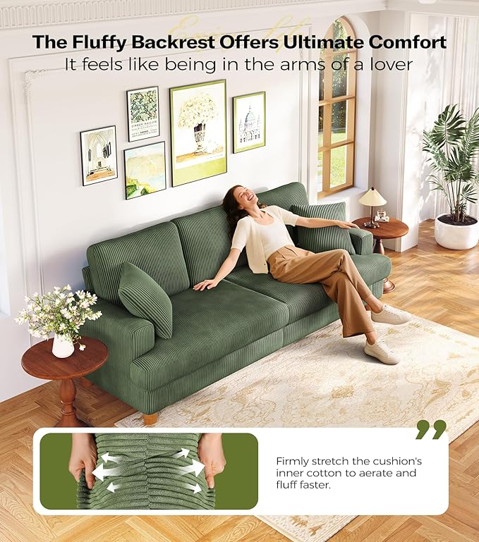 87in Corduroy Couch, Kidirect Sofa No Tool Assembly, Comfy Couches for Living Room 21in Deeper Seats, Corduroy Sofas for Living Room with 2 Pillows, Oversized Loveseat Sofa, Boho Love Seat Olive Couch