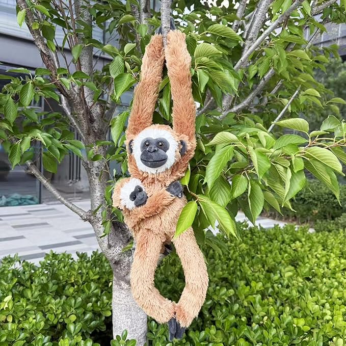 2pcs Monkey Hanging Stuffed Animal Mother with Baby Hangs Plush Toys, Hooks and Stuffed Animals with Rings for Kids, Gifts for Boys and Girls (Brown