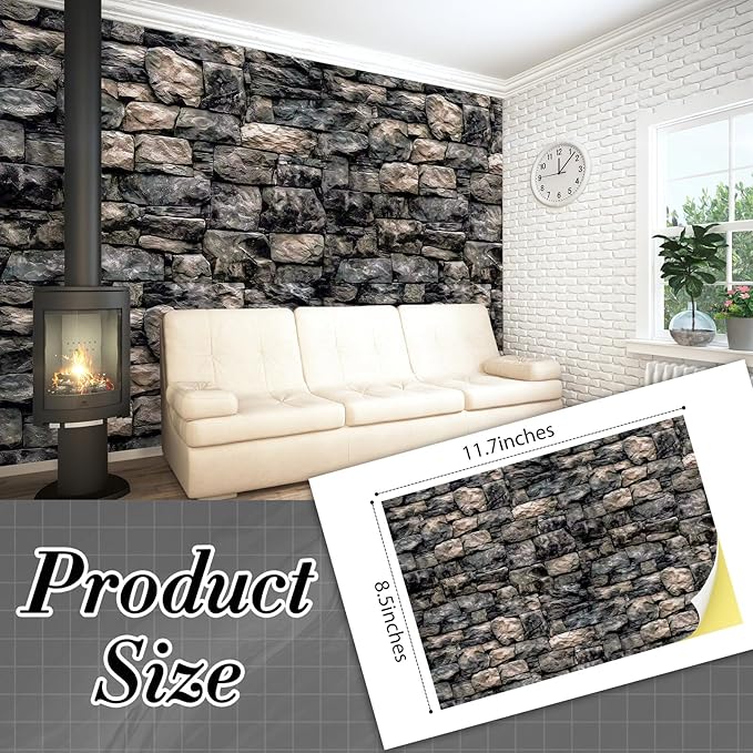 Flutesan 3 Pcs Miniature Dollhouse Wallpaper and Flooring Peel and Stick 1:12 Scale Self Adhesive Doll House Wallpaper DIY Mini Dollhouse Accessories 8.27 x 11.69 Inch(Stone Wall)