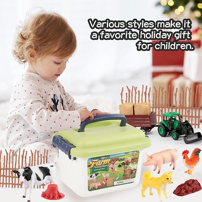 32PCS Farm Playset for Toddlers 1-3 Plastic Animal Figures Toys Double Farm Tractor Toys for Kids 3-5 Storage Box Ideal Festivals Birthday Gift