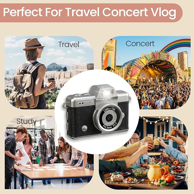 Mini Keychain Camera, 2K Retro Digital Camera with 1.47‘’ Flip Screen & Built-in Flash for Selfies - Includes 32GB SD Card, Strap - Perfect for Travel, Concert, Vlogging